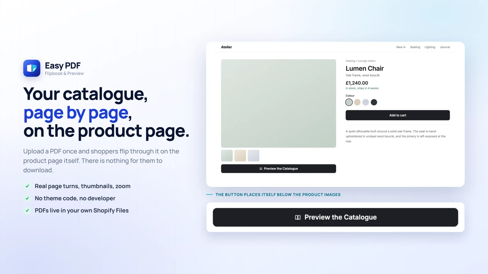 The catalogue preview button on a product page, with a close-up.