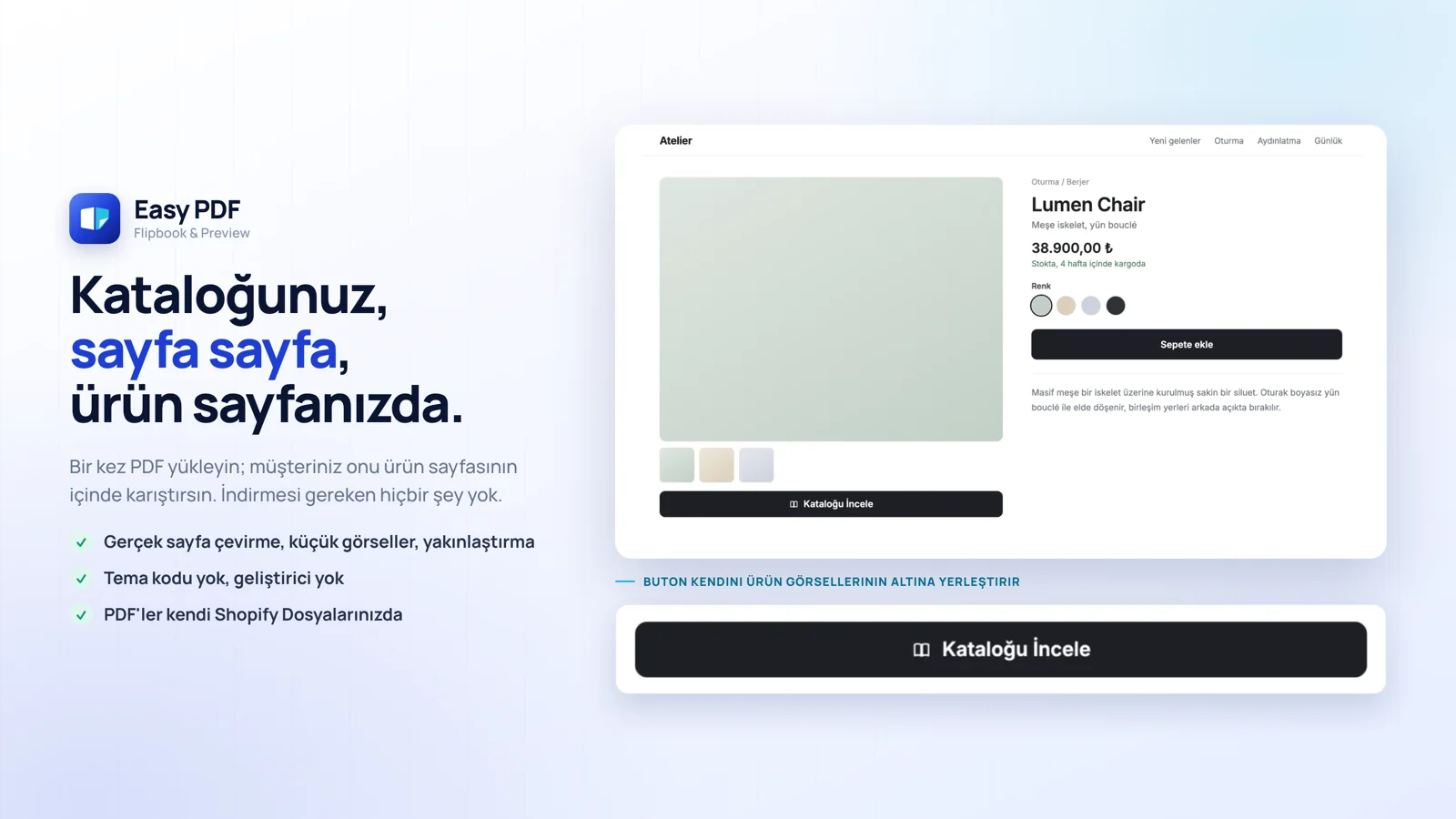 Ürün sayfasında katalog önizleme butonu ve büyütülmüş görünümü.
