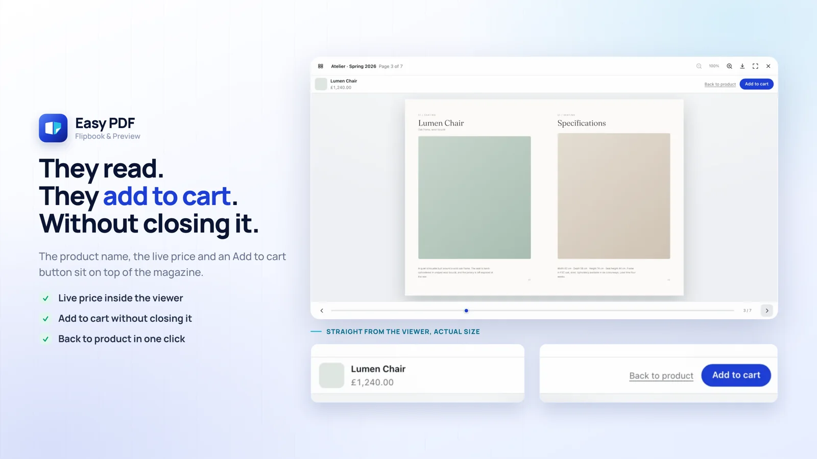 The flipbook viewer with the product name, live price and Add to cart.