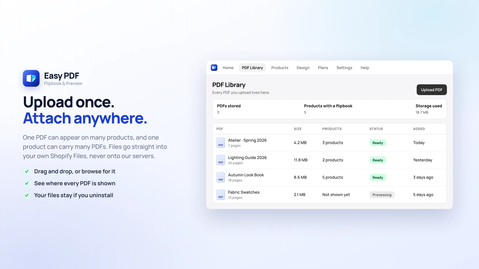 The PDF Library screen with upload, status and storage used.