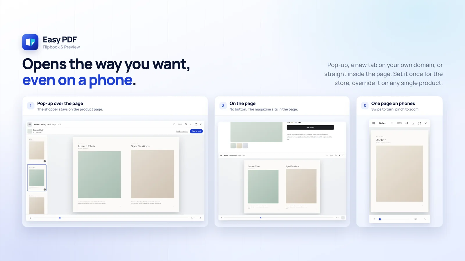 Pop-up, on-page and phone views side by side.