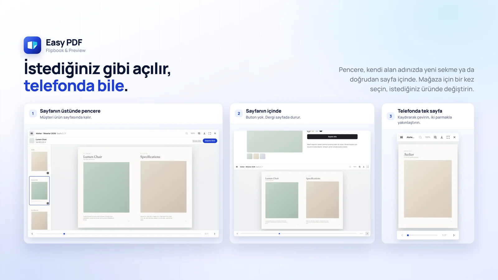 Pencere, sayfa içi ve telefon görünümü yan yana.