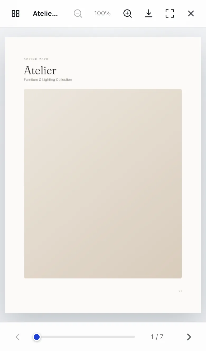 The flipbook viewer on a phone screen, one page at a time with a page slider.