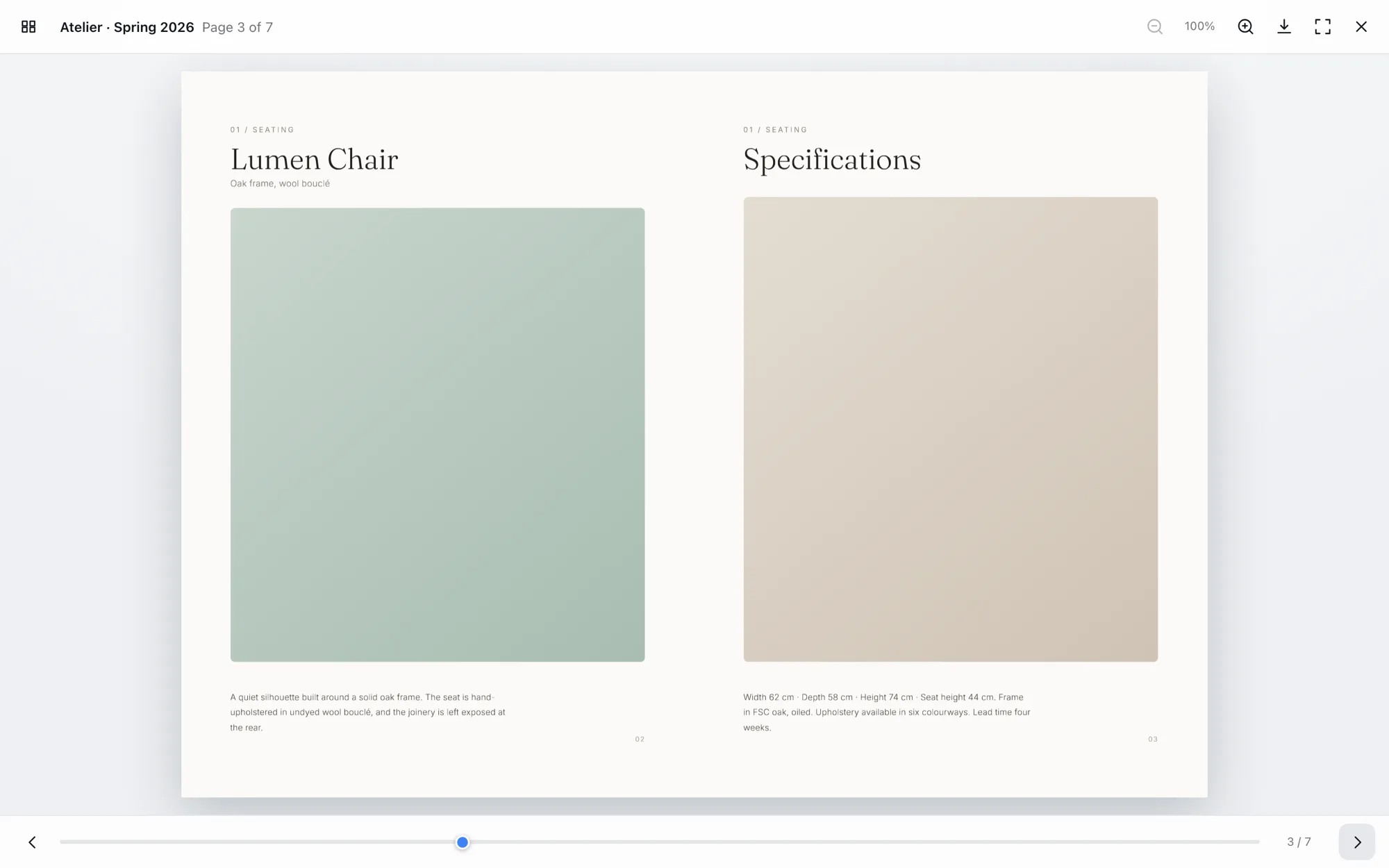 The flipbook viewer open on a product page, showing a two page spread of a furniture catalogue with page thumbnails, zoom and page controls.